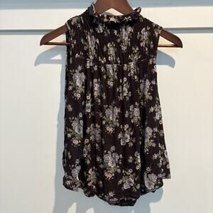 American Eagle Top Medium Black Ruffle Neck Bloom Boho Gauzy Swiss Dot‎ Flowy